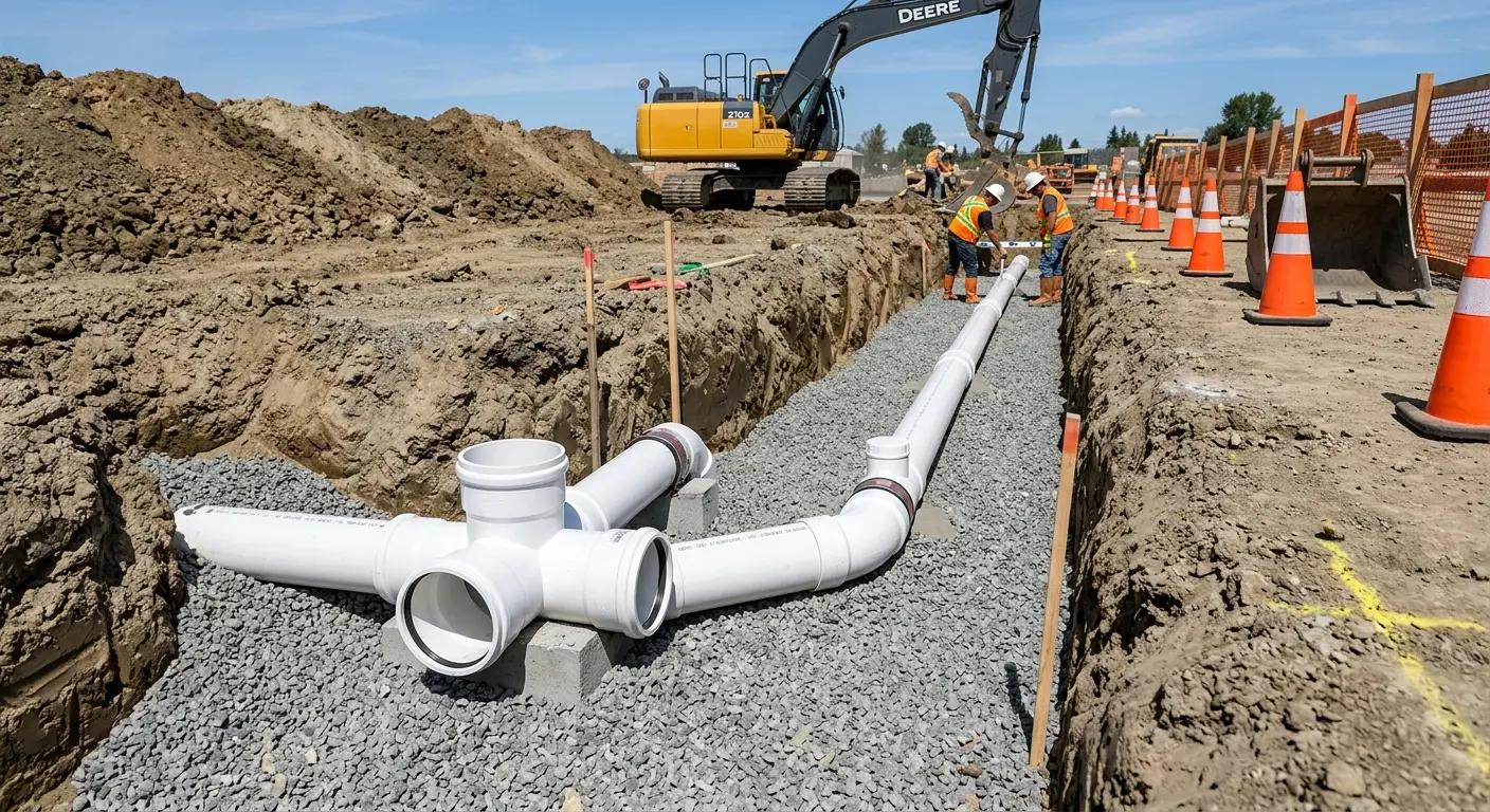 New PVC sewer pipe installation in open trench for Commercial Drain Cleaning in Lewistown