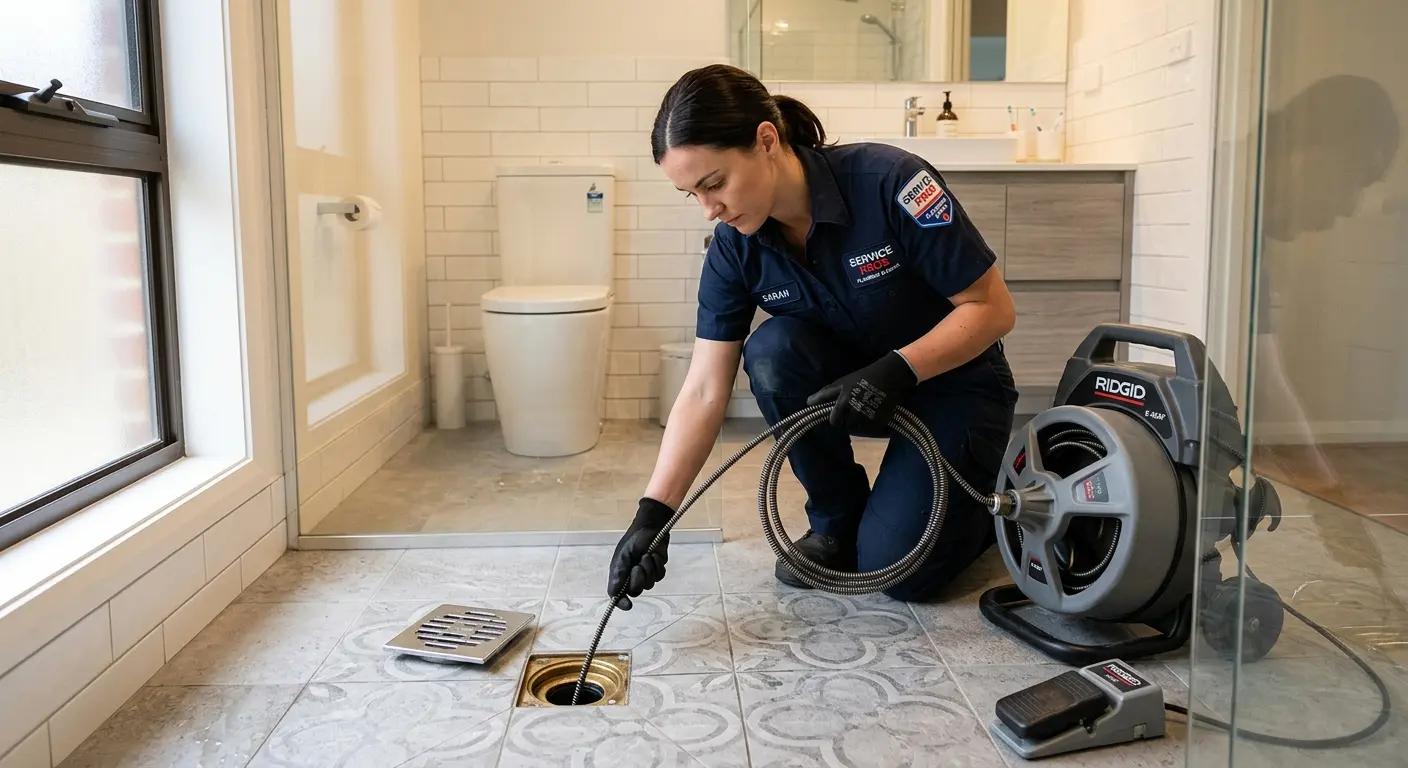Technician clearing a bathroom floor drain for Clogged Drain Repair in Lewistown